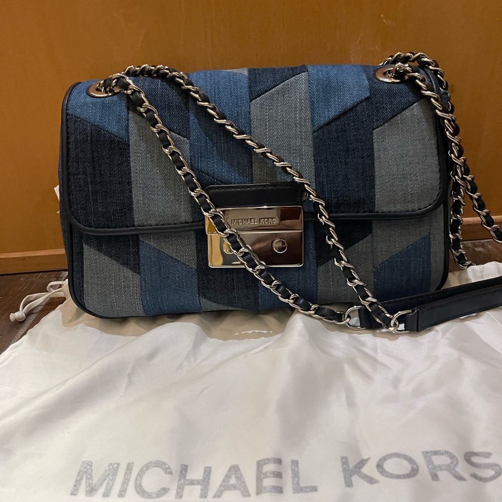 Denim MK purse with silver chain straps